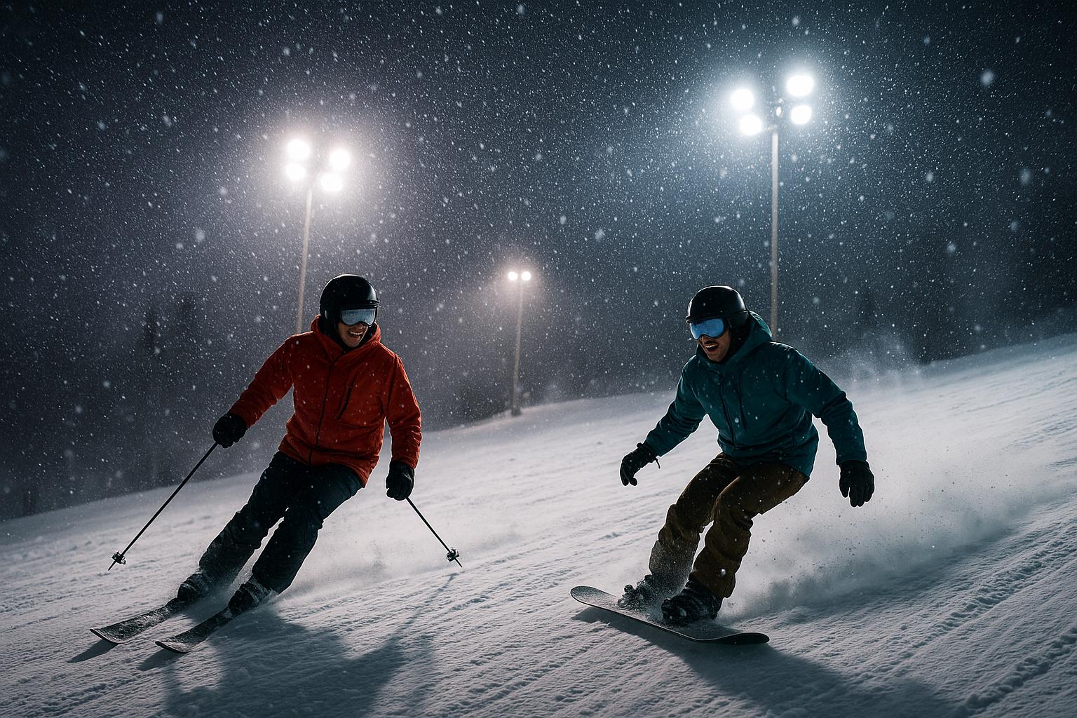 The excitement of night skiing and snowboarding.